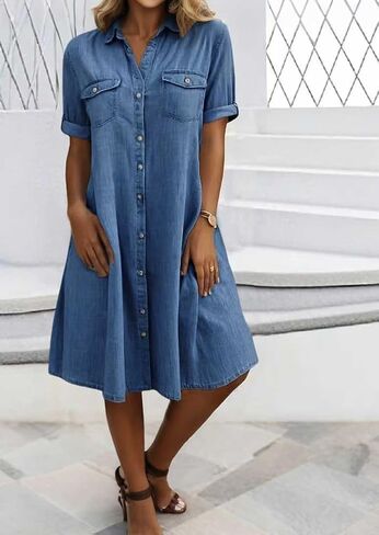 Yoeasy Women's Summer Summer Short Denive Denim Dress Dress Dress Dression Button Down Fit Midi Long Jean Dress in Saudi Arabia