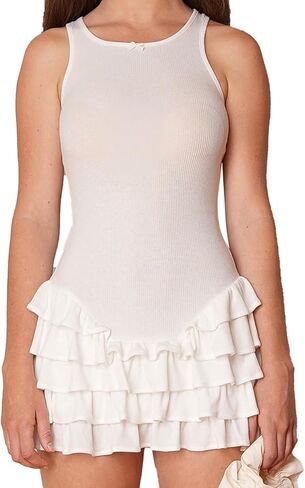Women's Summer Frill Rank Dress Sleeveless Bodycon Tiered Ruched Dress Skim Hem Dress in Kuwait