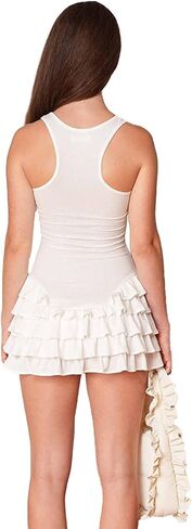Women's Summer Frill Rank Dress Sleeveless Bodycon Tiered Ruched Dress Skim Hem Dress in Kuwait