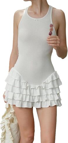 Women's Summer Frill Rank Dress Sleeveless Bodycon Tiered Ruched Dress Skim Hem Dress in Kuwait