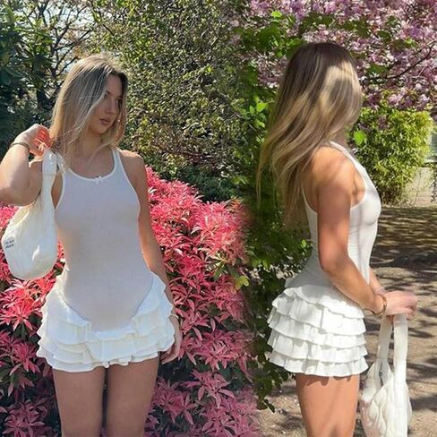 Women's Summer Frill Rank Dress Sleeveless Bodycon Tiered Ruched Dress Skim Hem Dress in Kuwait