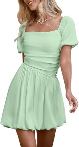 HYPERFIRE Women's Square Neck Short Puff Sleeve Bubble Dress Smocked Ruched Dresses Casual Wear in Saudi Arabia