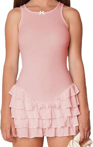 Women's Summer Frill Rank Dress Sleeveless Bodycon Tiered Ruched Dress Skim Hem Dress in Kuwait