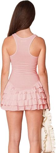 Women's Summer Frill Rank Dress Sleeveless Bodycon Tiered Ruched Dress Skim Hem Dress in Kuwait