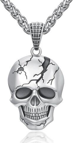 Skull Necklace for Men 925 Sterling Silver Damaged Texture Skull Head Pendant Gothic Skeleton Jewelry for Dad Son in Saudi Arabia