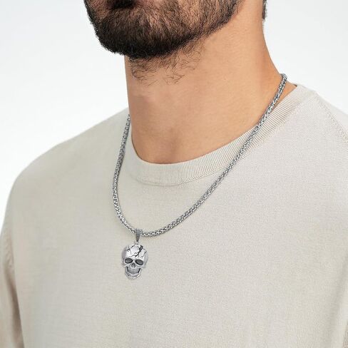 Skull Necklace for Men 925 Sterling Silver Damaged Texture Skull Head Pendant Gothic Skeleton Jewelry for Dad Son in Saudi Arabia