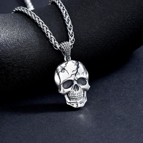 Skull Necklace for Men 925 Sterling Silver Damaged Texture Skull Head Pendant Gothic Skeleton Jewelry for Dad Son in Saudi Arabia