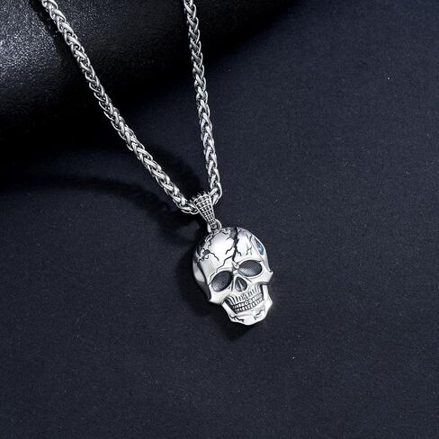 Skull Necklace for Men 925 Sterling Silver Damaged Texture Skull Head Pendant Gothic Skeleton Jewelry for Dad Son in Saudi Arabia