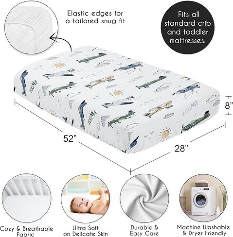 Sweet Jojo Designs Vintage Airplane Boy Baby Fitted Crib Sheet Infant Newborn Nursery Toddler Bed Room Standard Mattress Grey Green Blue White Yellow Airplanes Plane Transportation Clouds Sun Aviator in Kuwait