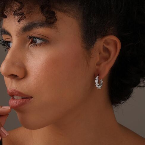 LeCalla 925 Sterling Silver Cubic Zirconia Hoop Earrings | Silver Small Chunky CZ Hoop Earrings | Hypoallergenic Round Click-Top Earring Hoops for Women in Saudi Arabia