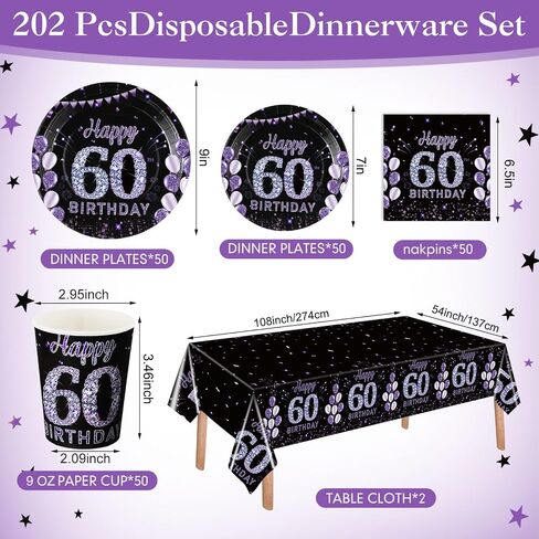 Pickmesh 202 Pcs 50th Birthday Party Decorations Supplies for 50 Guests Include Purple Black Happy 50th Birthday Paper Plates Napkins Cups and Plastic Tablecloth for Men Woman 50th Birthday Party in Saudi Arabia