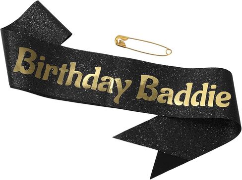عيد ميلاد Baddie Sash ، قطعة قماش ناعمة ، عيد ميلاد سعيد مع دبوس السلامة للنساء اللوازم زخرفة الحفلات فتاة (أسود وفضي) in Saudi Arabia