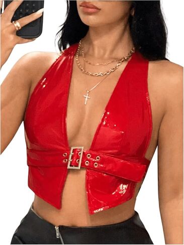 MakeMeChic Women's PU Leather Halter Crop Tops Backless Fitted Club Camisole Tops in Saudi Arabia