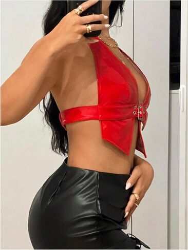 MakeMeChic Women's PU Leather Halter Crop Tops Backless Fitted Club Camisole Tops in Saudi Arabia