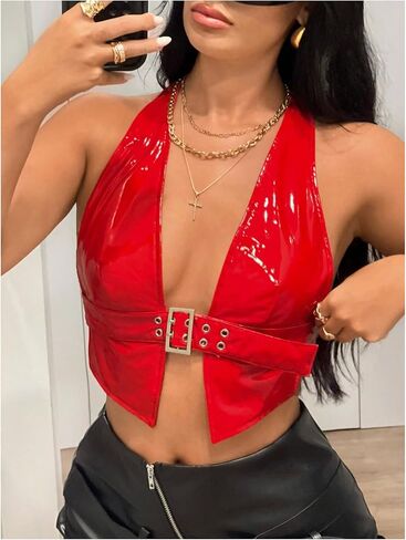 MakeMeChic Women's PU Leather Halter Crop Tops Backless Fitted Club Camisole Tops in Saudi Arabia