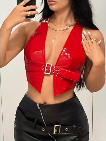 MakeMeChic Women's PU Leather Halter Crop Tops Backless Fitted Club Camisole Tops in Saudi Arabia
