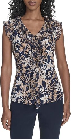 Tommy Hilfiger Women's Sleeveless Mix Media Ruffle Front Blouse in Saudi Arabia