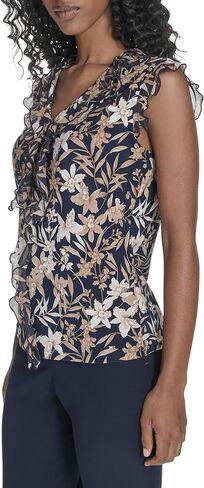 Tommy Hilfiger Women's Sleeveless Mix Media Ruffle Front Blouse in Saudi Arabia