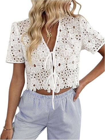 Gorglitter Women's Floral Tie Front Pront Short Sleeve Tops Tops Dary Dasy Boho v Neck Eyelet Western Summer Crops Tops in Kuwait