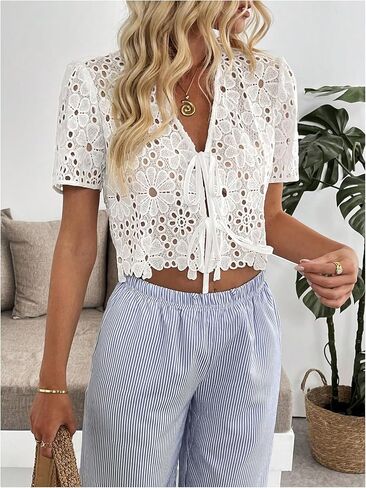 Gorglitter Women's Floral Tie Front Pront Short Sleeve Tops Tops Dary Dasy Boho v Neck Eyelet Western Summer Crops Tops in Kuwait