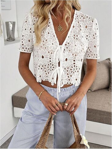 Gorglitter Women's Floral Tie Front Pront Short Sleeve Tops Tops Dary Dasy Boho v Neck Eyelet Western Summer Crops Tops in Kuwait