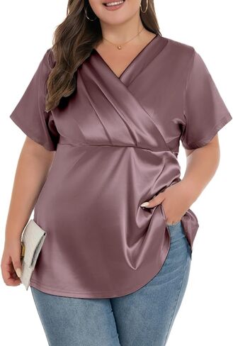 الساتان الحريري للنساء الحريري الالتفاف في الرقبة بالإضافة إلى حجم السترات قميص قميص قميص قصير الأكمام in Kuwait