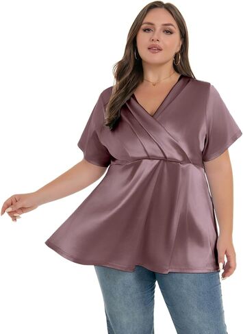 الساتان الحريري للنساء الحريري الالتفاف في الرقبة بالإضافة إلى حجم السترات قميص قميص قميص قصير الأكمام in Kuwait