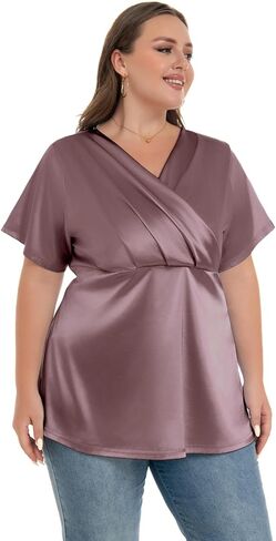 الساتان الحريري للنساء الحريري الالتفاف في الرقبة بالإضافة إلى حجم السترات قميص قميص قميص قصير الأكمام in Kuwait