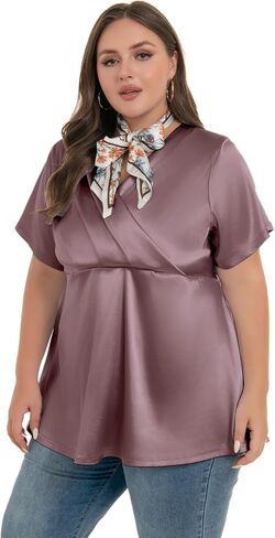 الساتان الحريري للنساء الحريري الالتفاف في الرقبة بالإضافة إلى حجم السترات قميص قميص قميص قصير الأكمام in Kuwait