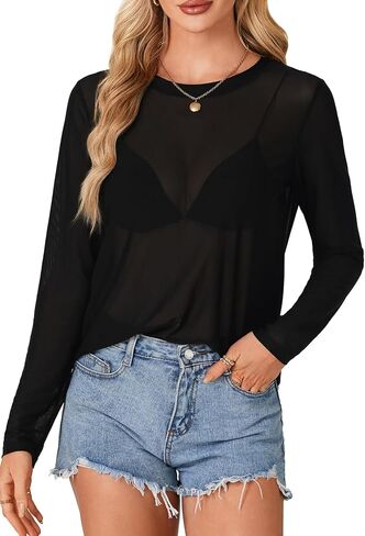 Lyaner Women's Women الشبكية طويلة الأكمام جولة الرقبة مثير رؤية من خلال قميص بلوزة أعلى in Kuwait
