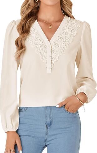 Rooscier Women's Lace V Neck Long Sleeve Button Elegant Blouse Shirt Top in Saudi Arabia