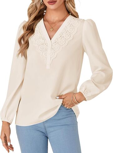 Rooscier Women's Lace V Neck Long Sleeve Button Elegant Blouse Shirt Top in Saudi Arabia