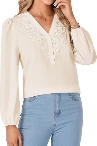 Rooscier Women's Lace V Neck Long Sleeve Button Elegant Blouse Shirt Top in Saudi Arabia