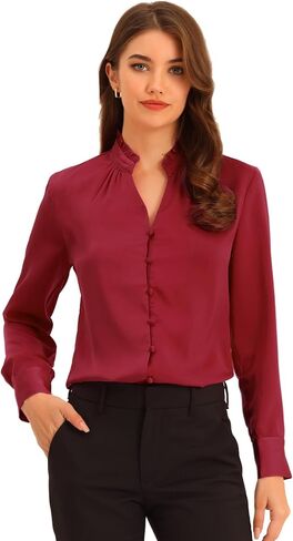 Allegra K Women's Satin Blouse Button Up V Neck Ruffled Collar Long Sleeve Formal Shirts in Saudi Arabia