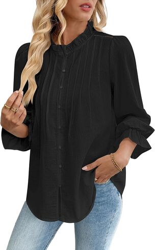Bsubseach Women Puff Long Sleeve Shirt Textured Button Down Cotton Work Blouse Eyelet Ruffle Collar Dressy Casual Tops in Saudi Arabia