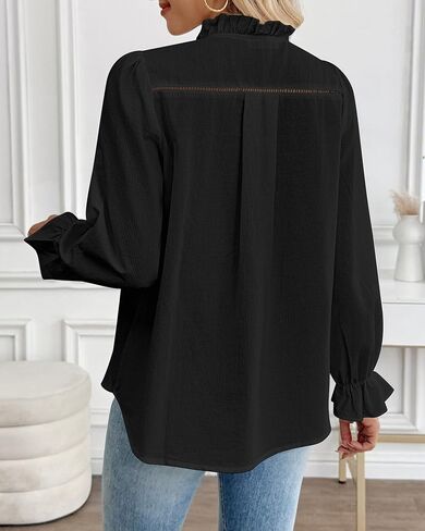 Bsubseach Women Puff Long Sleeve Shirt Textured Button Down Cotton Work Blouse Eyelet Ruffle Collar Dressy Casual Tops in Saudi Arabia