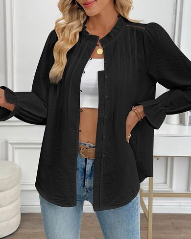 Bsubseach Women Puff Long Sleeve Shirt Textured Button Down Cotton Work Blouse Eyelet Ruffle Collar Dressy Casual Tops in Saudi Arabia