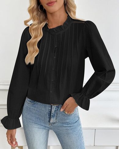 Bsubseach Women Puff Long Sleeve Shirt Textured Button Down Cotton Work Blouse Eyelet Ruffle Collar Dressy Casual Tops in Saudi Arabia