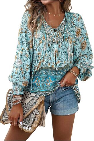 SOLY HUX Women's Floral Tops V Neck Lantern Long Sleeve Shirred Casual Boho Vacation Blouse in Saudi Arabia