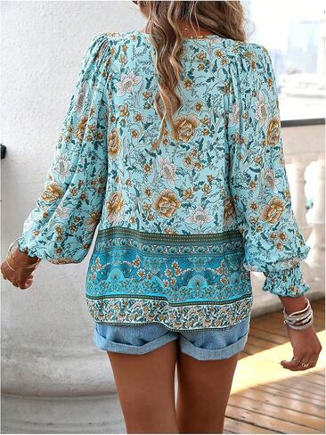 SOLY HUX Women's Floral Tops V Neck Lantern Long Sleeve Shirred Casual Boho Vacation Blouse in Saudi Arabia