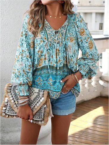 SOLY HUX Women's Floral Tops V Neck Lantern Long Sleeve Shirred Casual Boho Vacation Blouse in Saudi Arabia