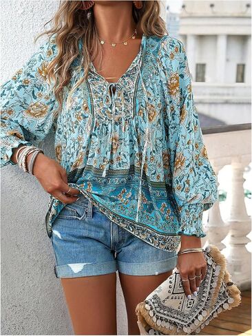 SOLY HUX Women's Floral Tops V Neck Lantern Long Sleeve Shirred Casual Boho Vacation Blouse in Saudi Arabia