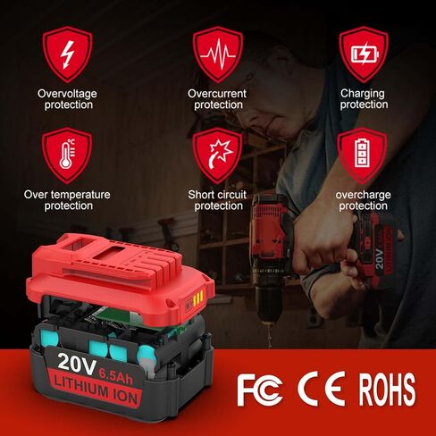 Energup 2Pack 6.5Ah 20V Replacement Craftsman V20 Lithium Battery and Charger Kit, for CMCB202 CMCB204 CMCB206 CMCB201 CMCB100 CMCB124 with 2Port Dual CMCB104 Craftsman 20V Battery Charger in Kuwait