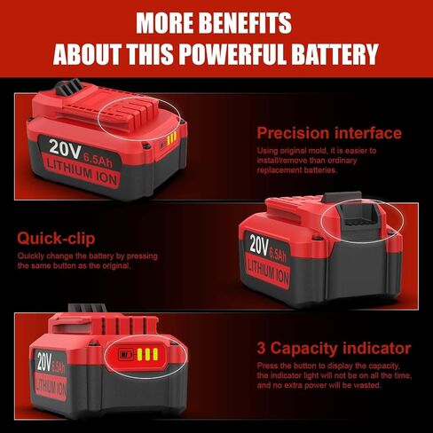Energup 2Pack 6.5Ah 20V Replacement Craftsman V20 Lithium Battery and Charger Kit, for CMCB202 CMCB204 CMCB206 CMCB201 CMCB100 CMCB124 with 2Port Dual CMCB104 Craftsman 20V Battery Charger in Kuwait