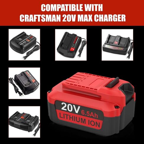 Energup 2Pack 6.5Ah 20V Replacement Craftsman V20 Lithium Battery and Charger Kit, for CMCB202 CMCB204 CMCB206 CMCB201 CMCB100 CMCB124 with 2Port Dual CMCB104 Craftsman 20V Battery Charger in Kuwait