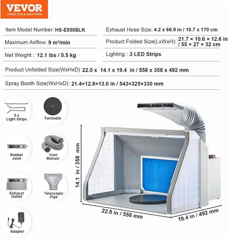 VEVOR Airbrush Spray Booth, Portable Hobby Airbrush Paint Spray Booth Kit with 4 LED Light, Powerful Dual Exhaust Fans, Turntable and 6 ft Extension Hose, for Painting Models, Arts, Crafts, Cakes in Kuwait
