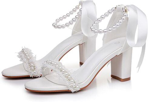 Women's White Bridal Sandals with Pearl Embellishments Ankle Ribbon Tie in Saudi Arabia