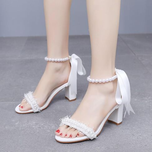 Women's White Bridal Sandals with Pearl Embellishments Ankle Ribbon Tie in Saudi Arabia