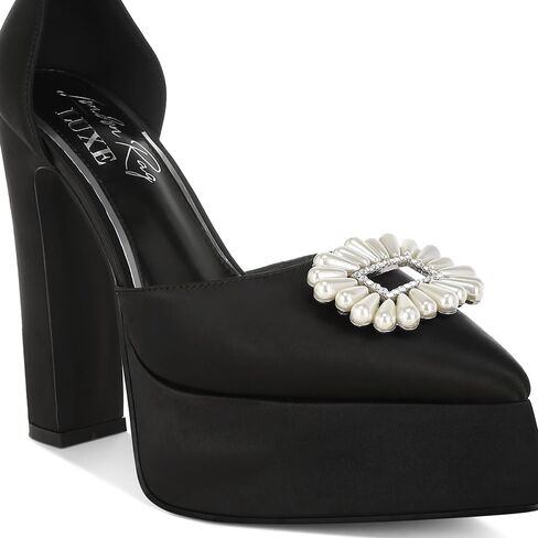 Maeissa Pearls Brooch Brooch Platform Block Clost Heel Sandals in Kuwait