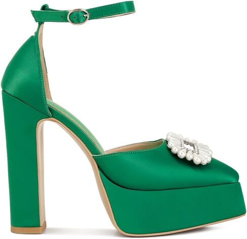 Maeissa Pearls Brooch Brooch Platform Block Clost Heel Sandals in Kuwait